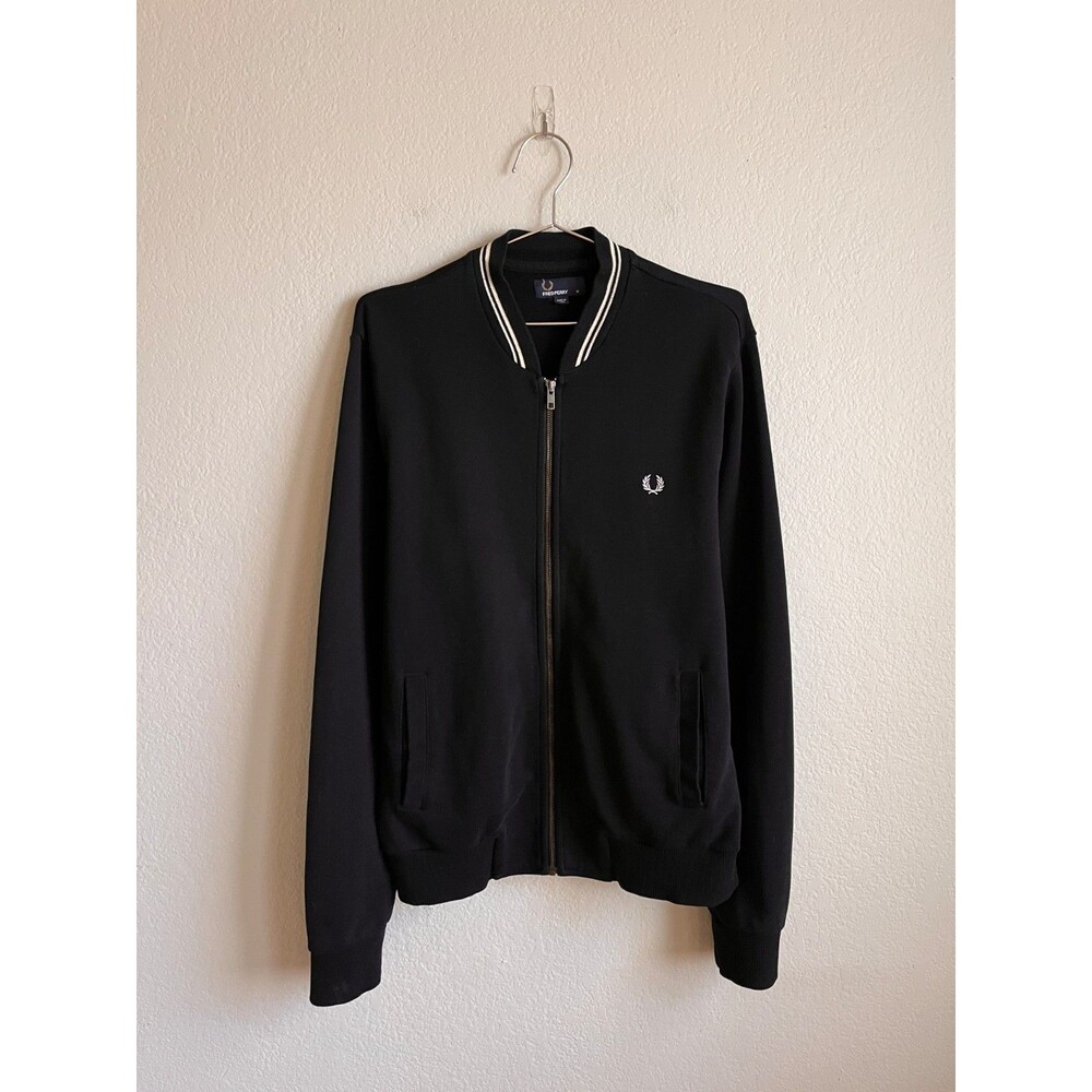Fred Perry Cotton Zip Through Bomber Sweatshirt in Black Size MEDIUM